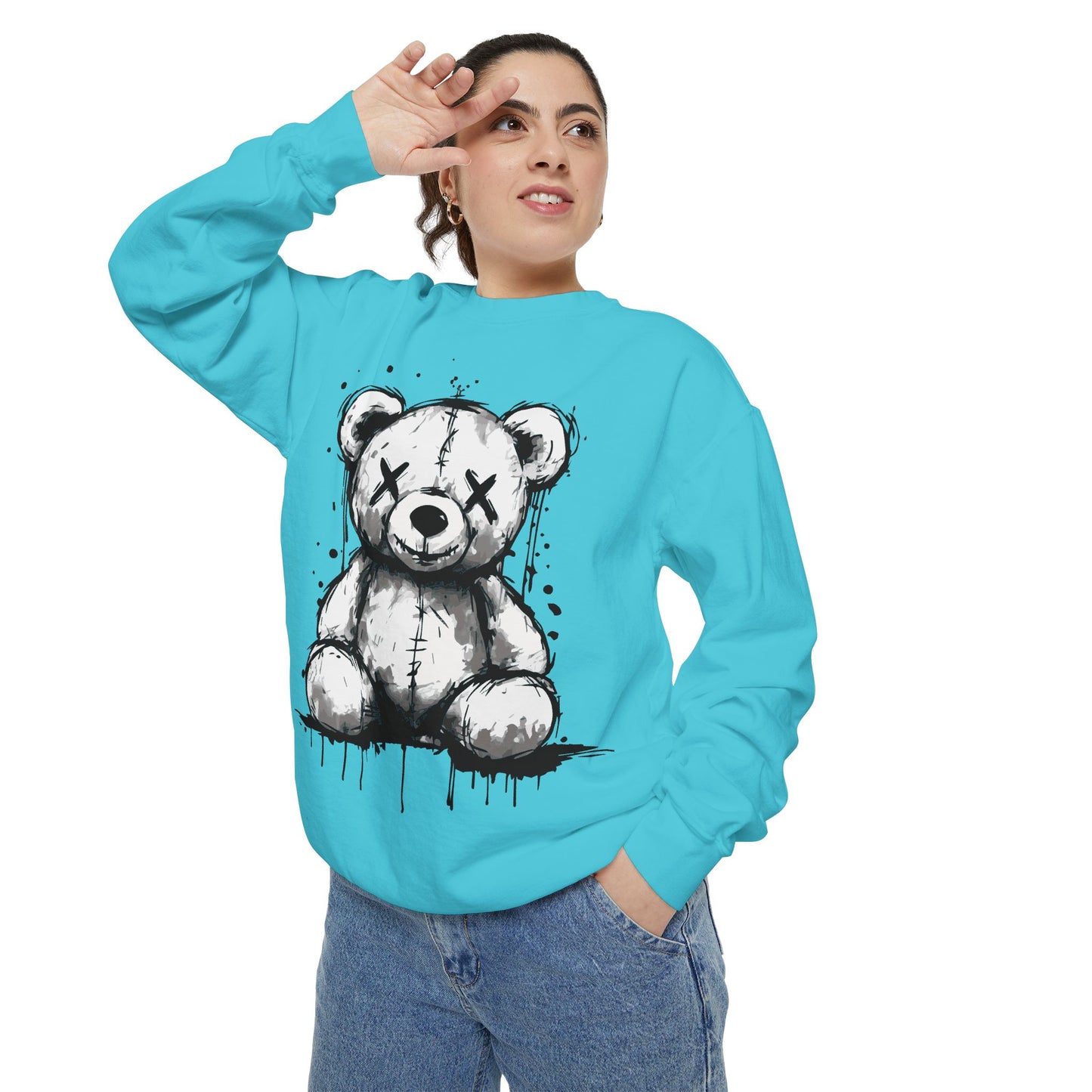 Grunge Sketch Teddy Bear Unisex Sweatshirt – Eerie Streetwear Vibes