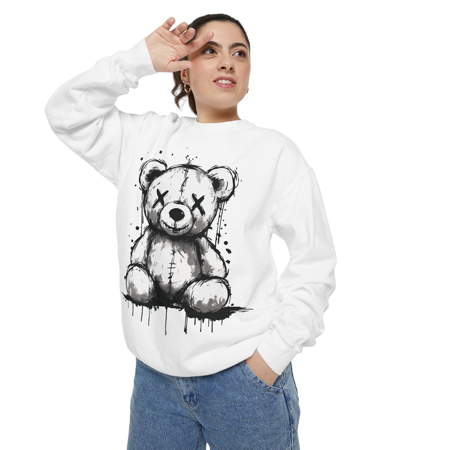 Grunge Sketch Teddy Bear Unisex Sweatshirt – Eerie Streetwear Vibes
