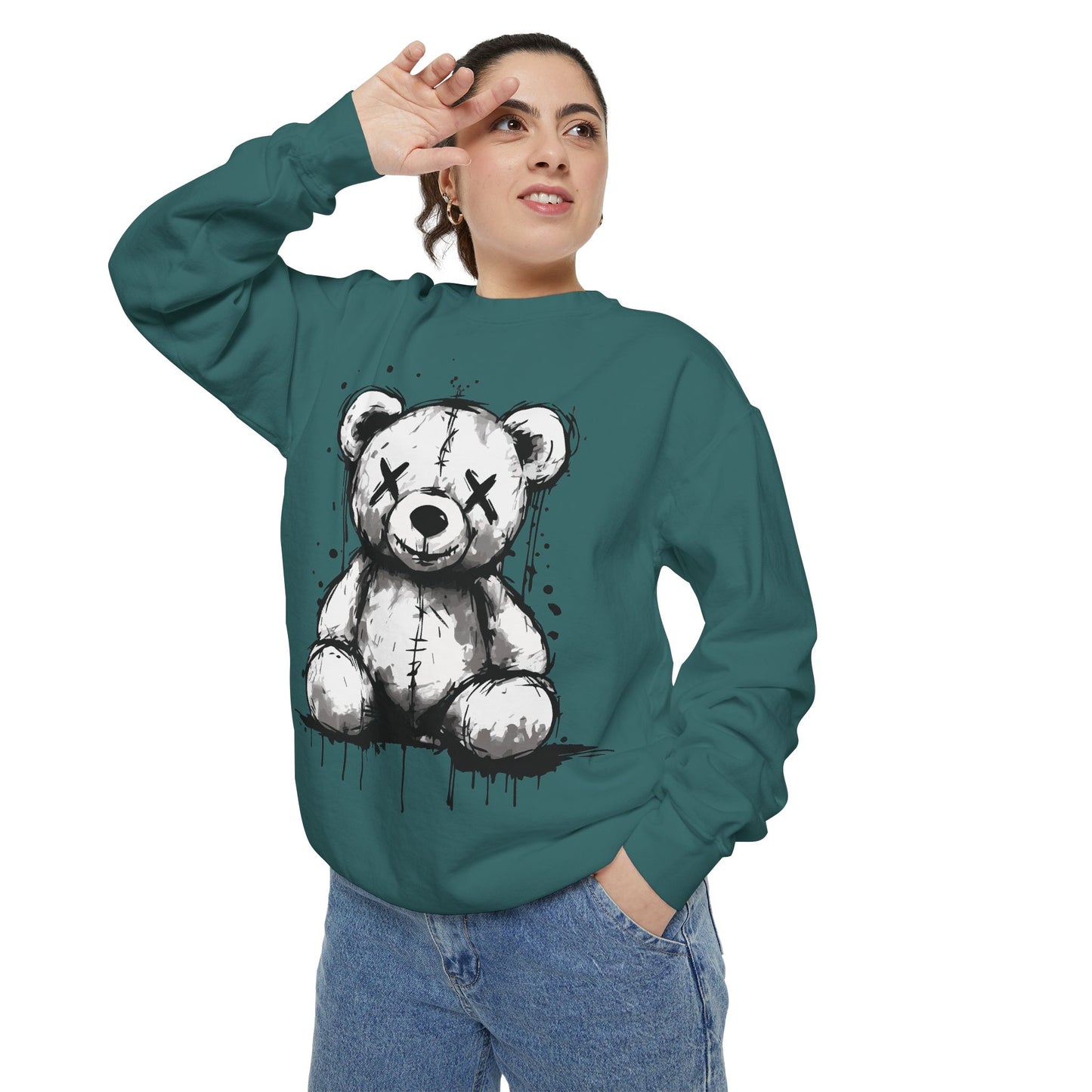 Grunge Sketch Teddy Bear Unisex Sweatshirt – Eerie Streetwear Vibes