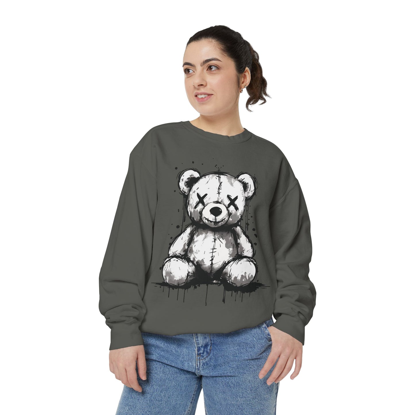 Grunge Sketch Teddy Bear Unisex Sweatshirt – Eerie Streetwear Vibes