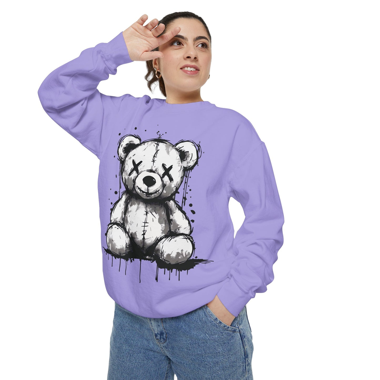 Grunge Sketch Teddy Bear Unisex Sweatshirt – Eerie Streetwear Vibes