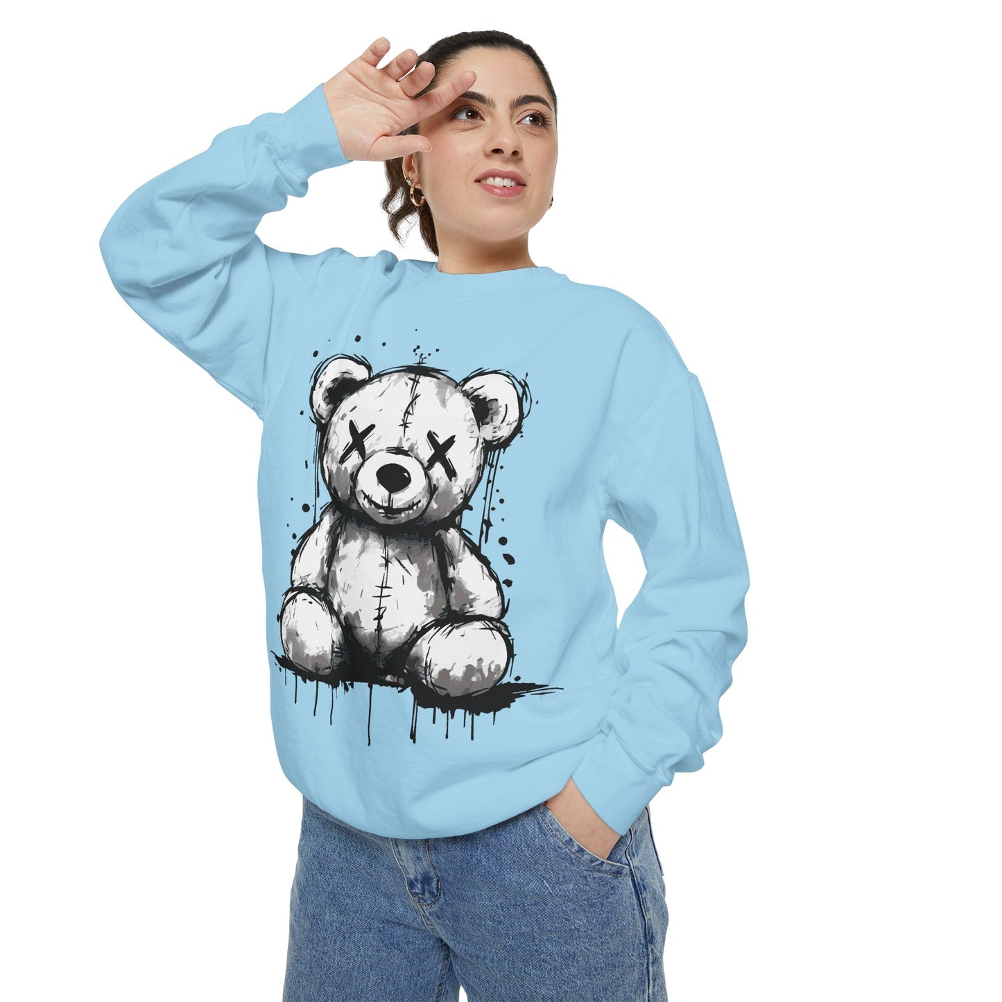 Grunge Sketch Teddy Bear Unisex Sweatshirt – Eerie Streetwear Vibes