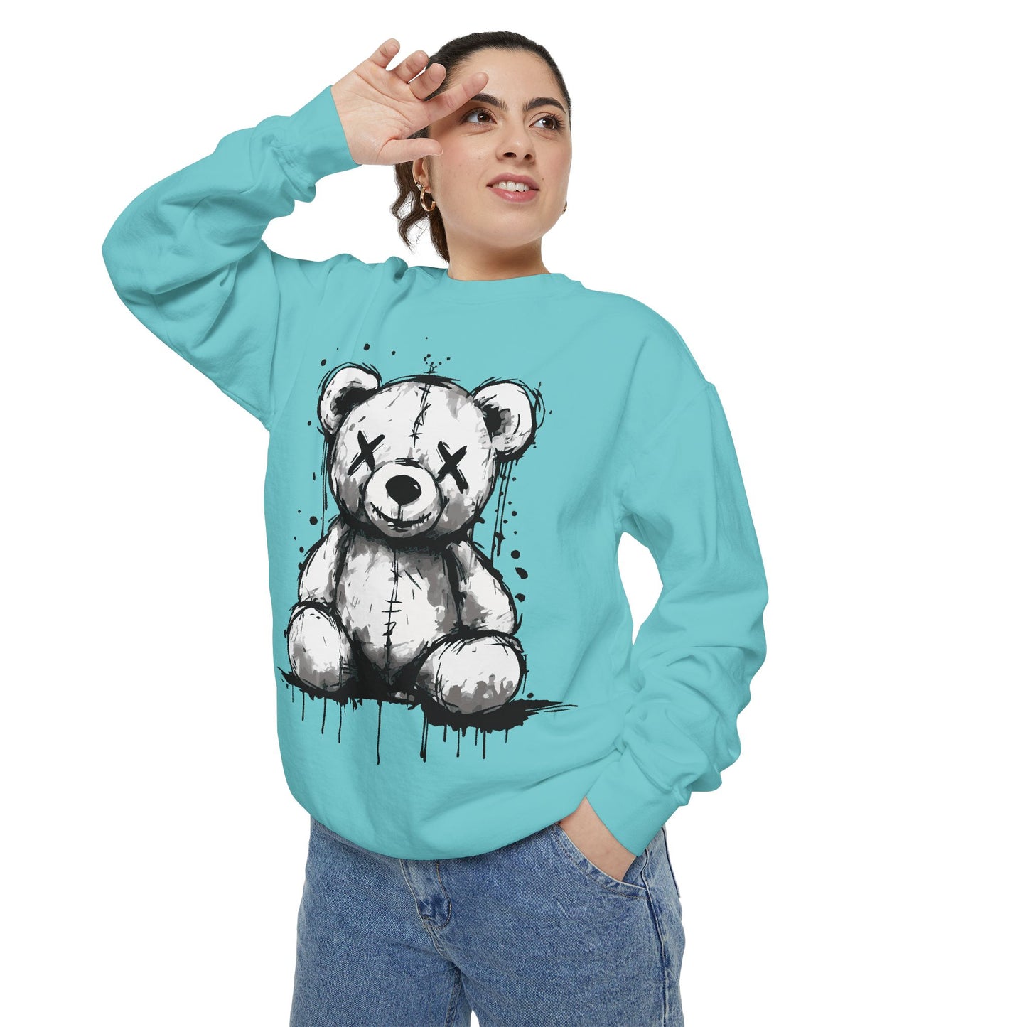 Grunge Sketch Teddy Bear Unisex Sweatshirt – Eerie Streetwear Vibes