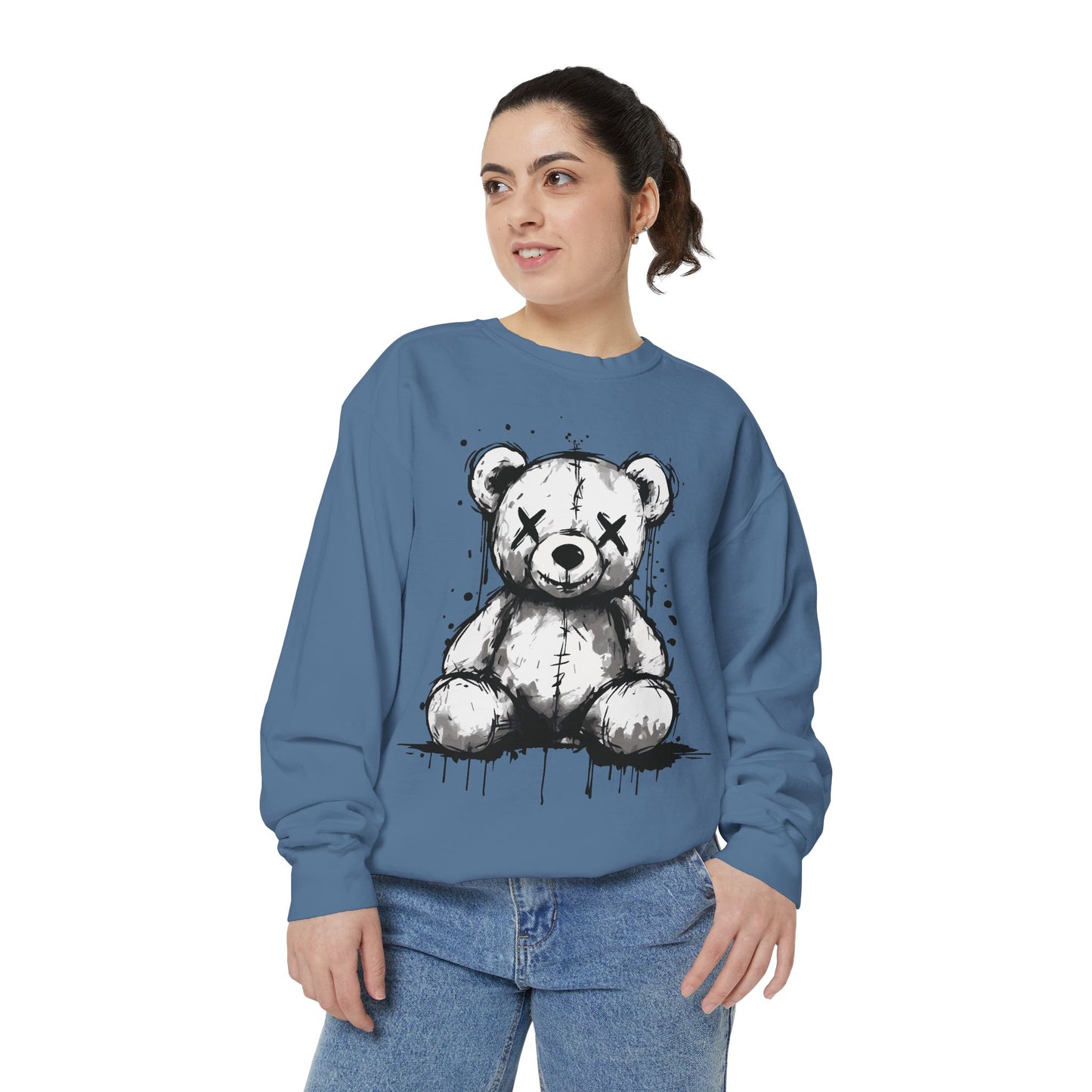 Grunge Sketch Teddy Bear Unisex Sweatshirt – Eerie Streetwear Vibes