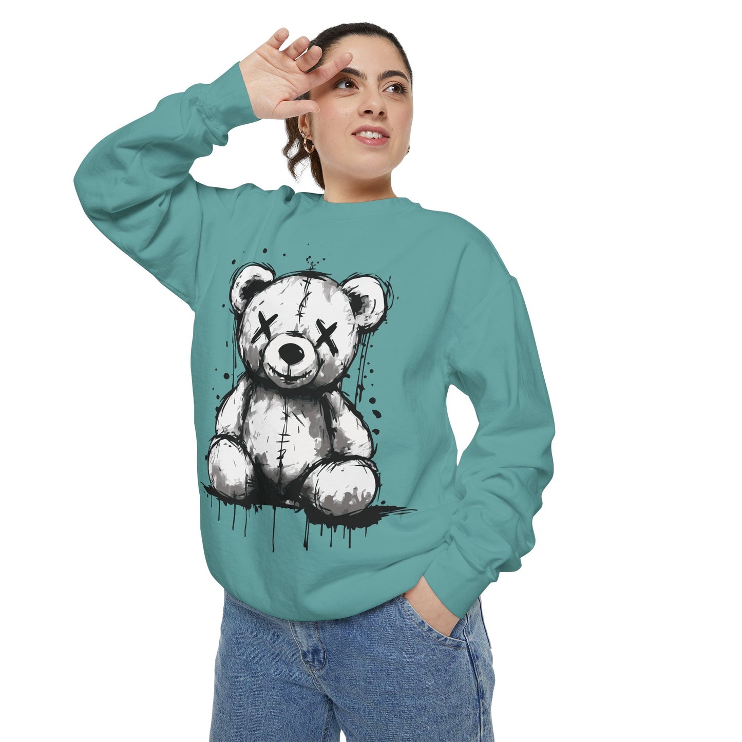 Grunge Sketch Teddy Bear Unisex Sweatshirt – Eerie Streetwear Vibes