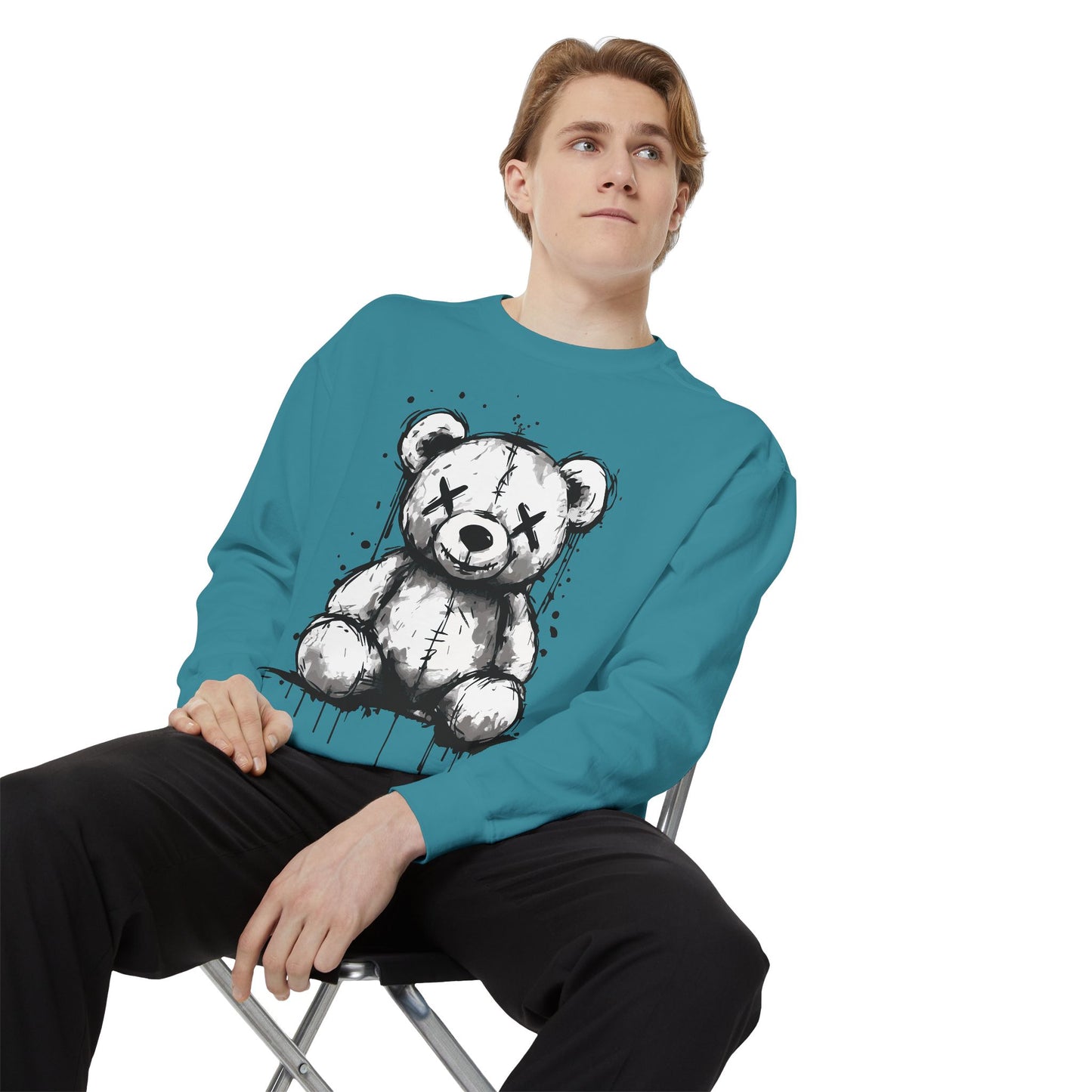 Grunge Sketch Teddy Bear Unisex Sweatshirt – Eerie Streetwear Vibes