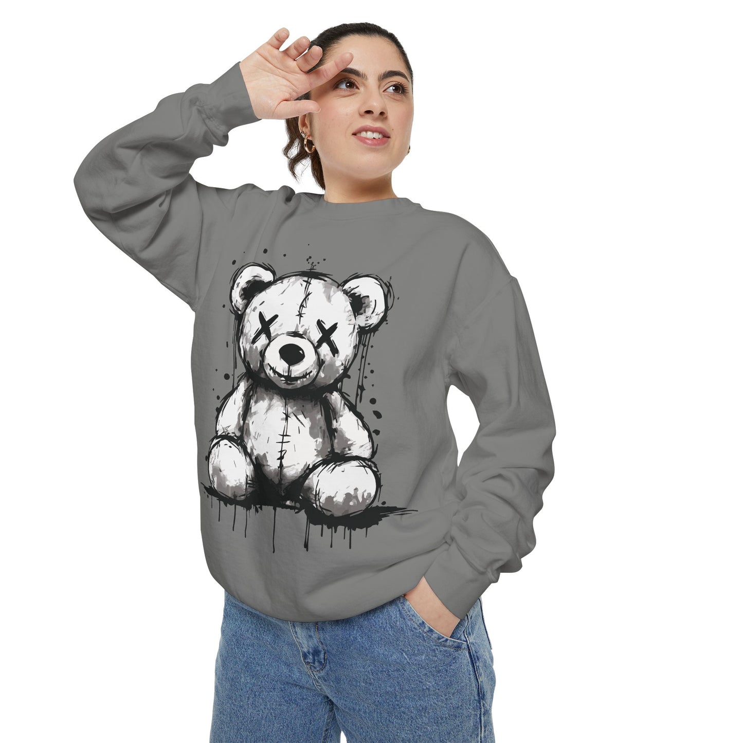 Grunge Sketch Teddy Bear Unisex Sweatshirt – Eerie Streetwear Vibes