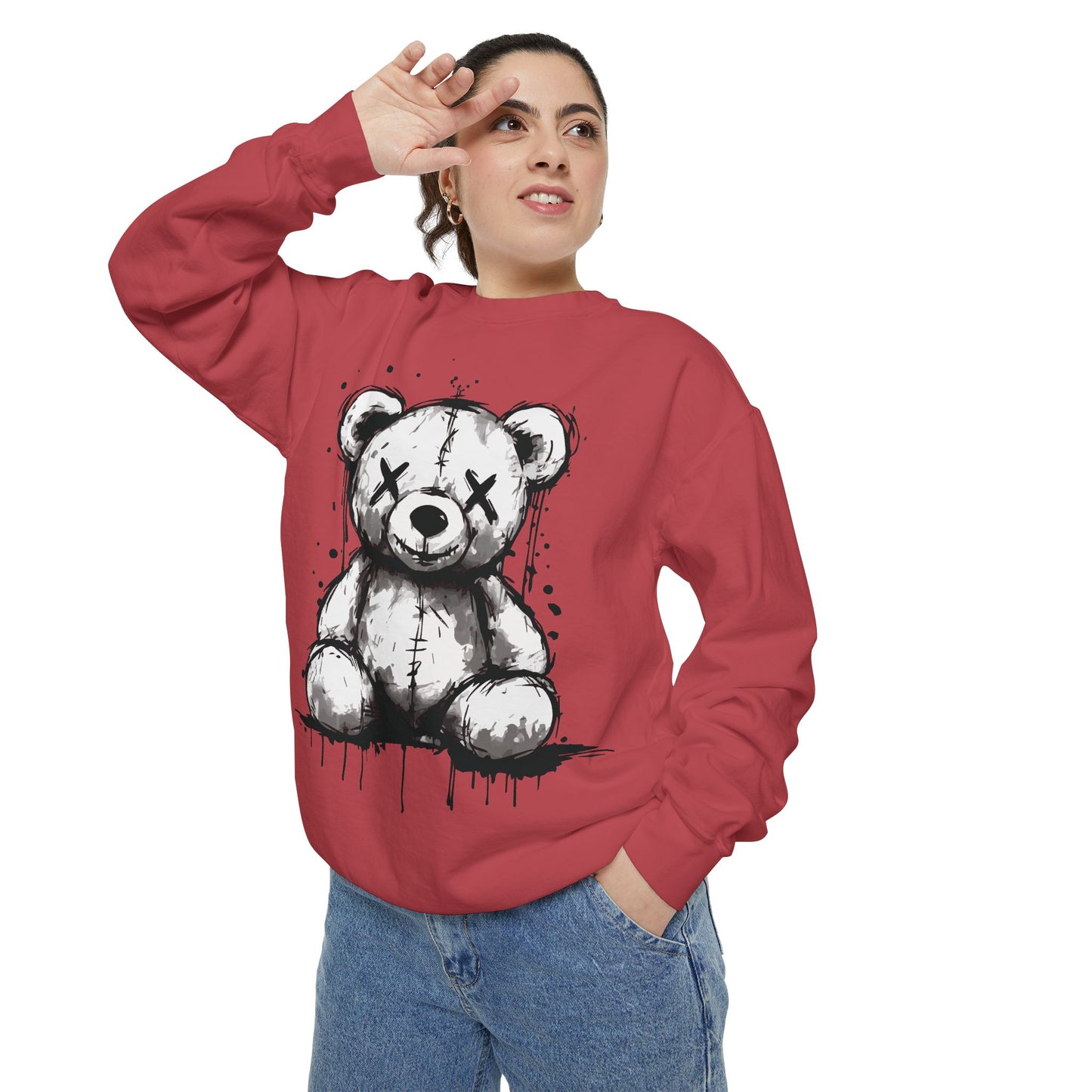 Grunge Sketch Teddy Bear Unisex Sweatshirt – Eerie Streetwear Vibes