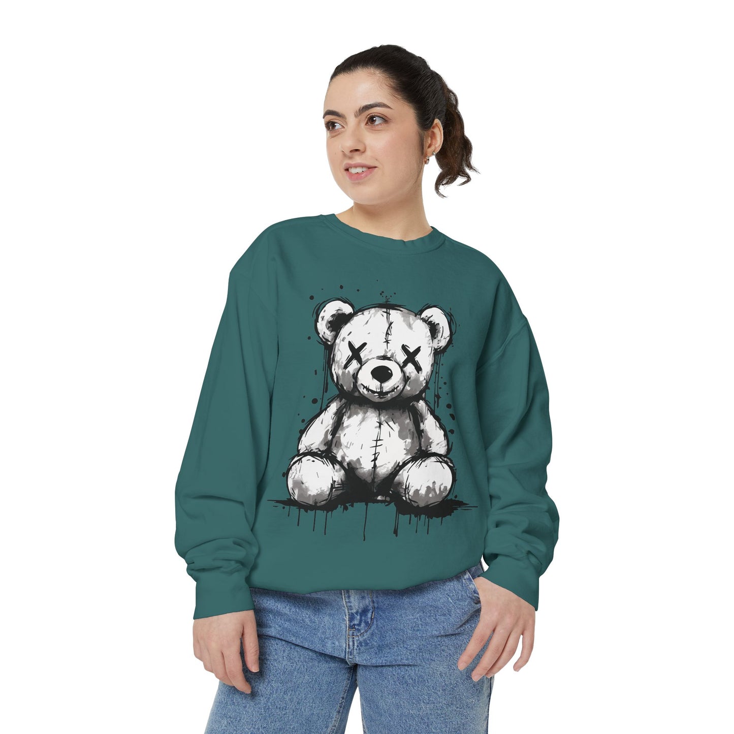 Grunge Sketch Teddy Bear Unisex Sweatshirt – Eerie Streetwear Vibes