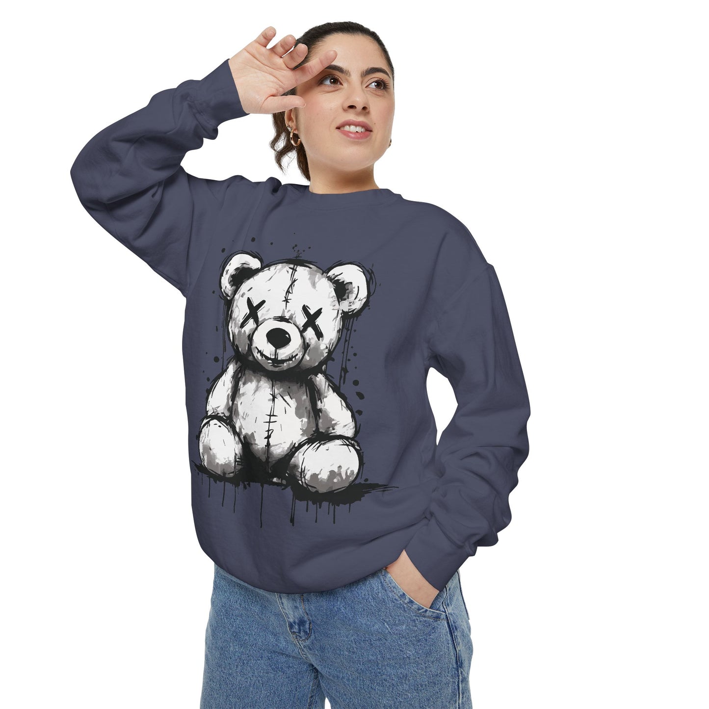 Grunge Sketch Teddy Bear Unisex Sweatshirt – Eerie Streetwear Vibes