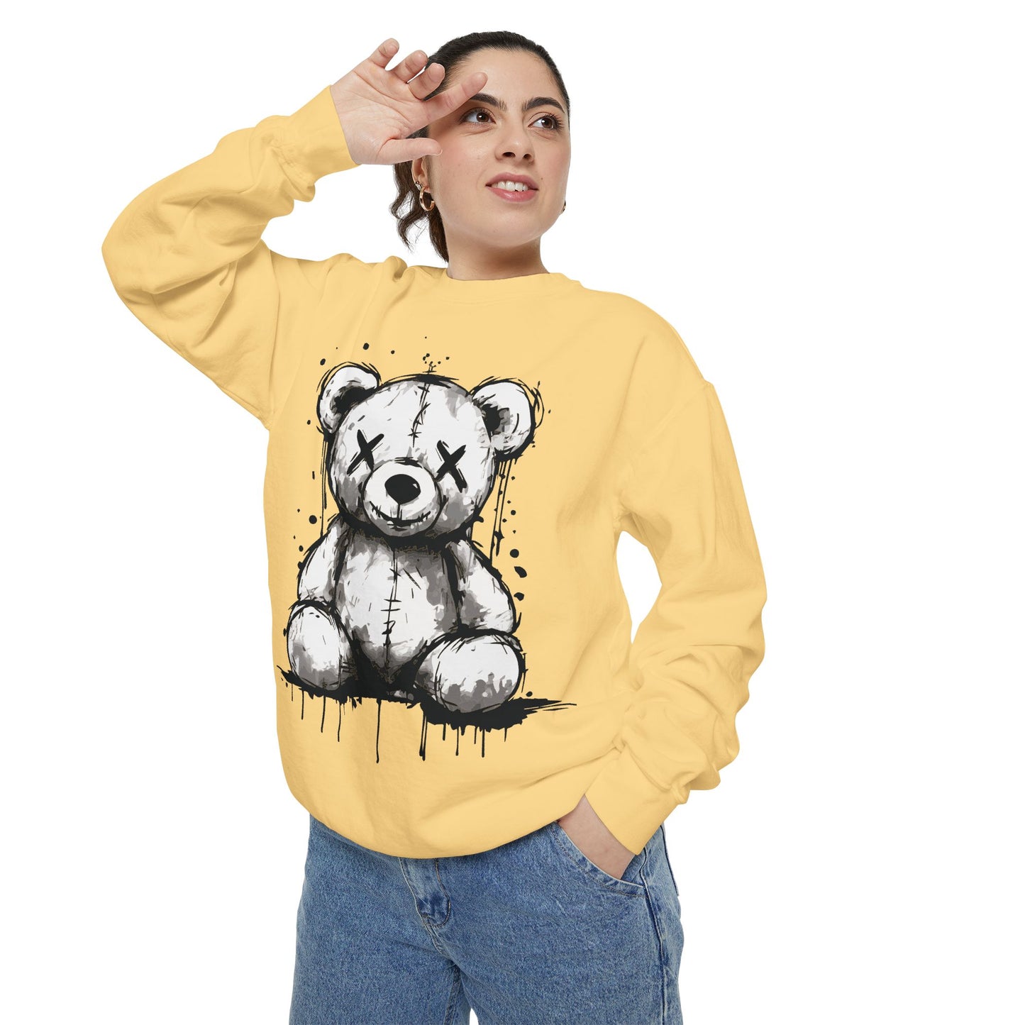 Grunge Sketch Teddy Bear Unisex Sweatshirt – Eerie Streetwear Vibes