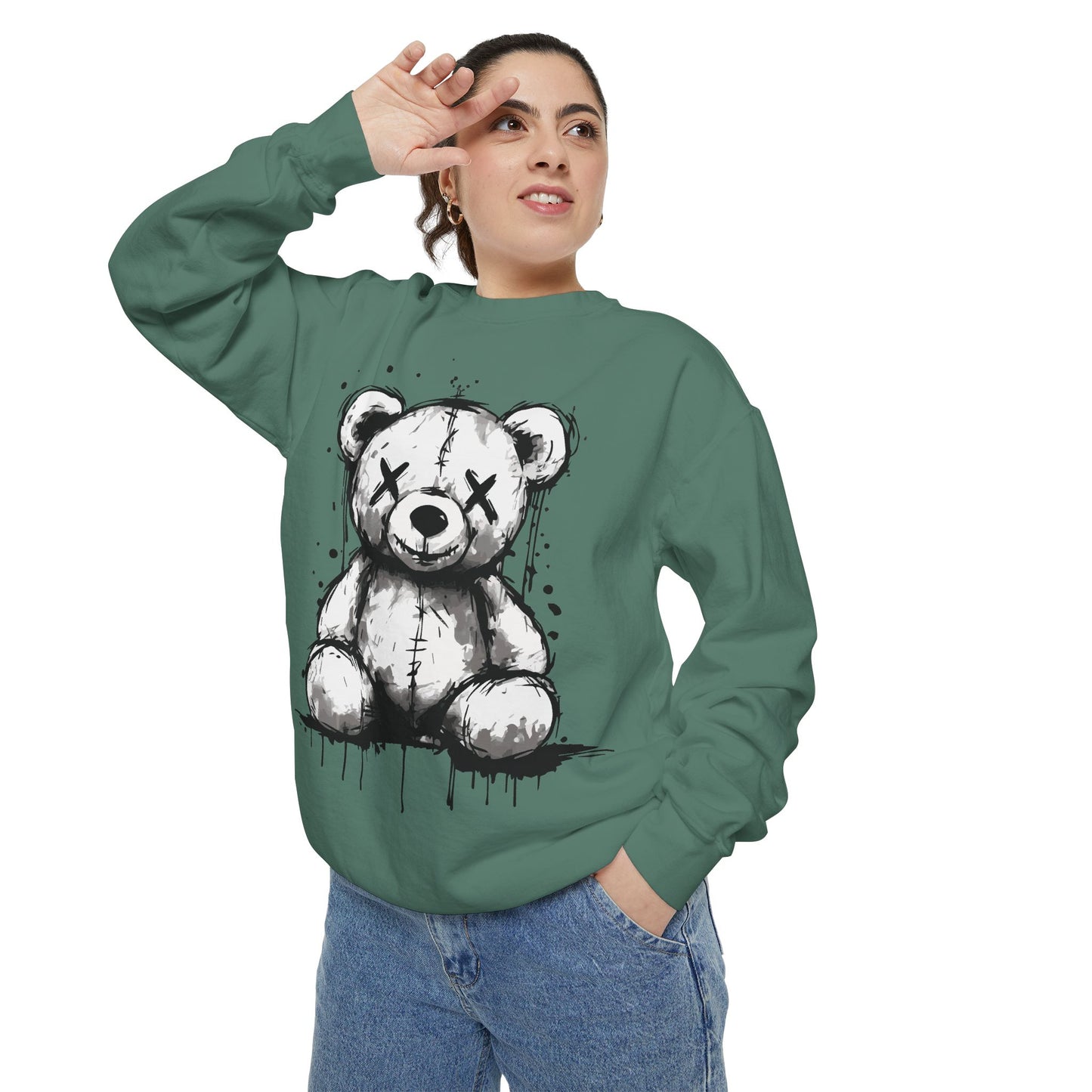 Grunge Sketch Teddy Bear Unisex Sweatshirt – Eerie Streetwear Vibes