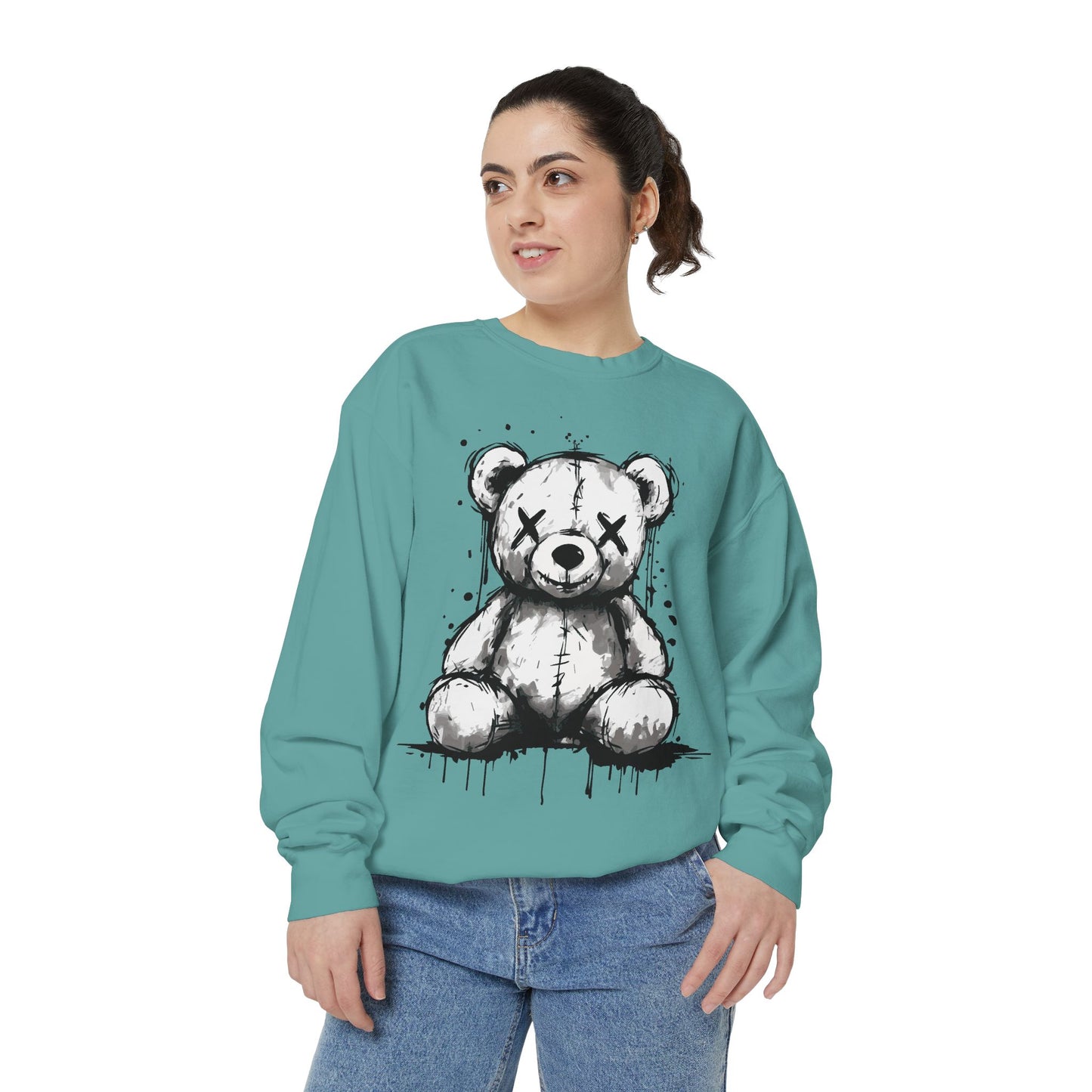 Grunge Sketch Teddy Bear Unisex Sweatshirt – Eerie Streetwear Vibes