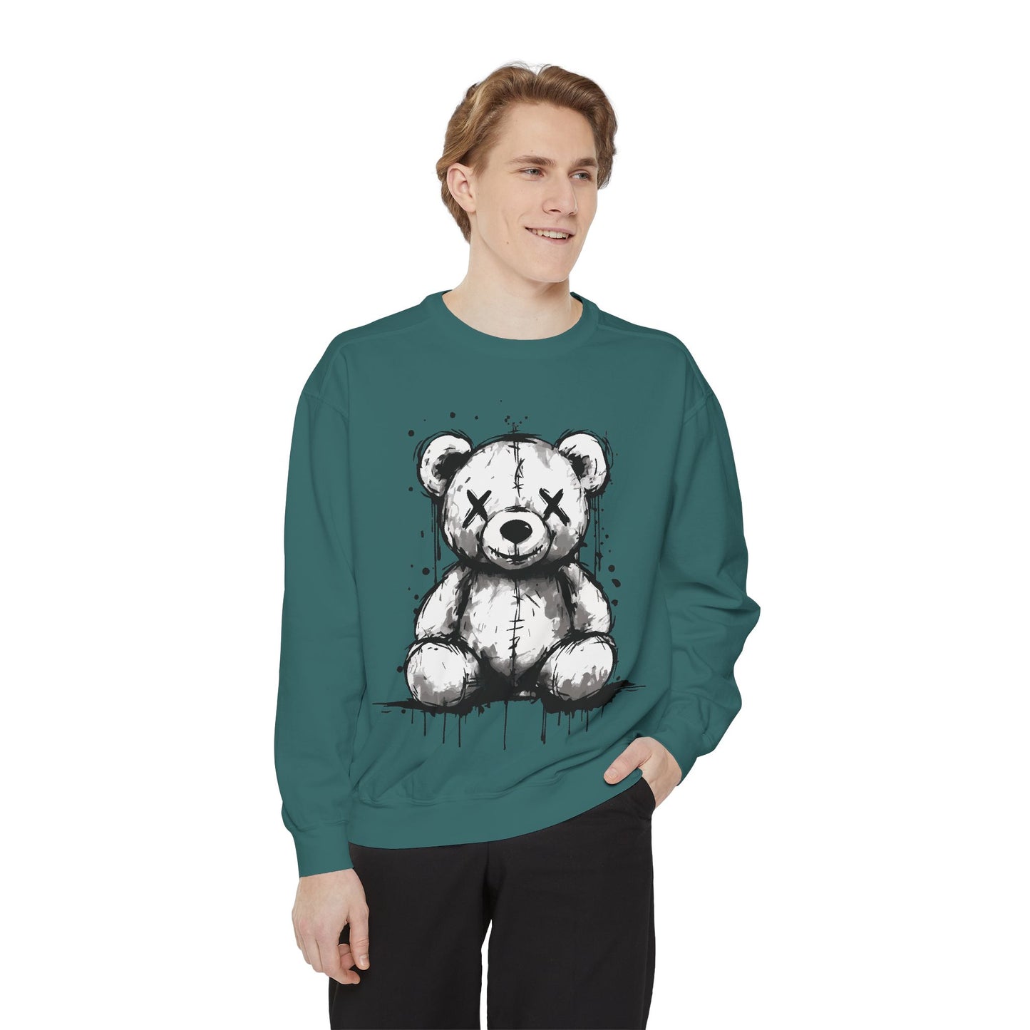 Grunge Sketch Teddy Bear Unisex Sweatshirt – Eerie Streetwear Vibes