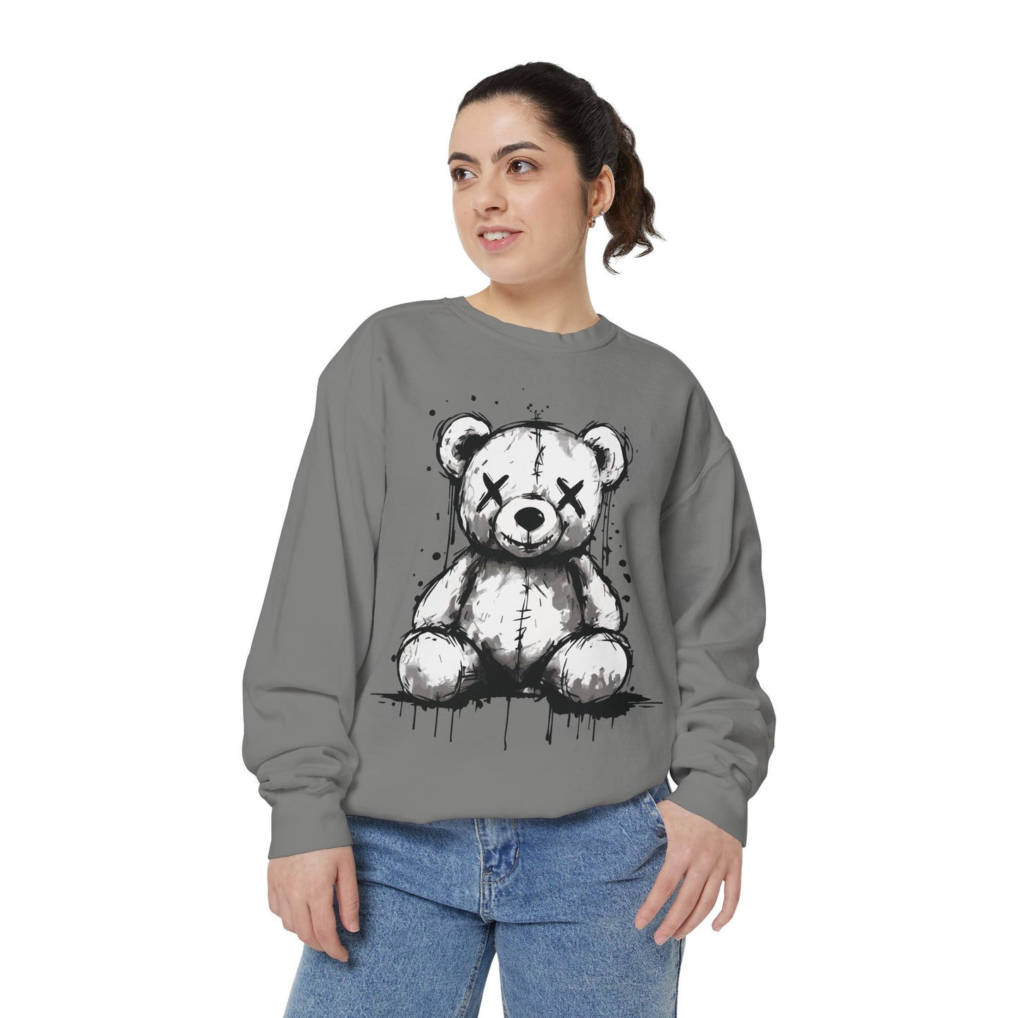 Grunge Sketch Teddy Bear Unisex Sweatshirt – Eerie Streetwear Vibes