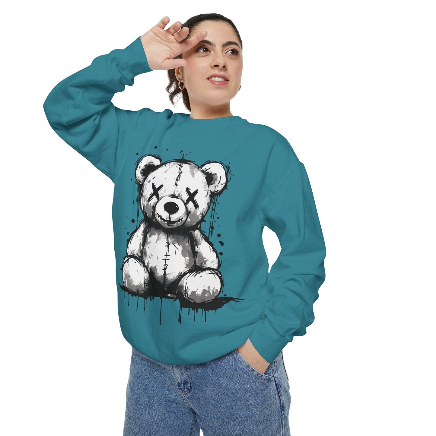 Grunge Sketch Teddy Bear Unisex Sweatshirt – Eerie Streetwear Vibes