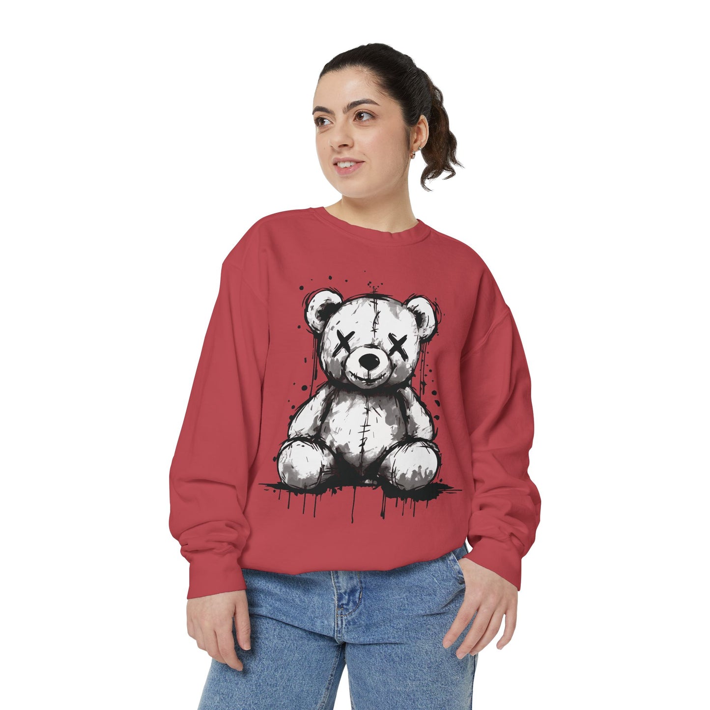 Grunge Sketch Teddy Bear Unisex Sweatshirt – Eerie Streetwear Vibes