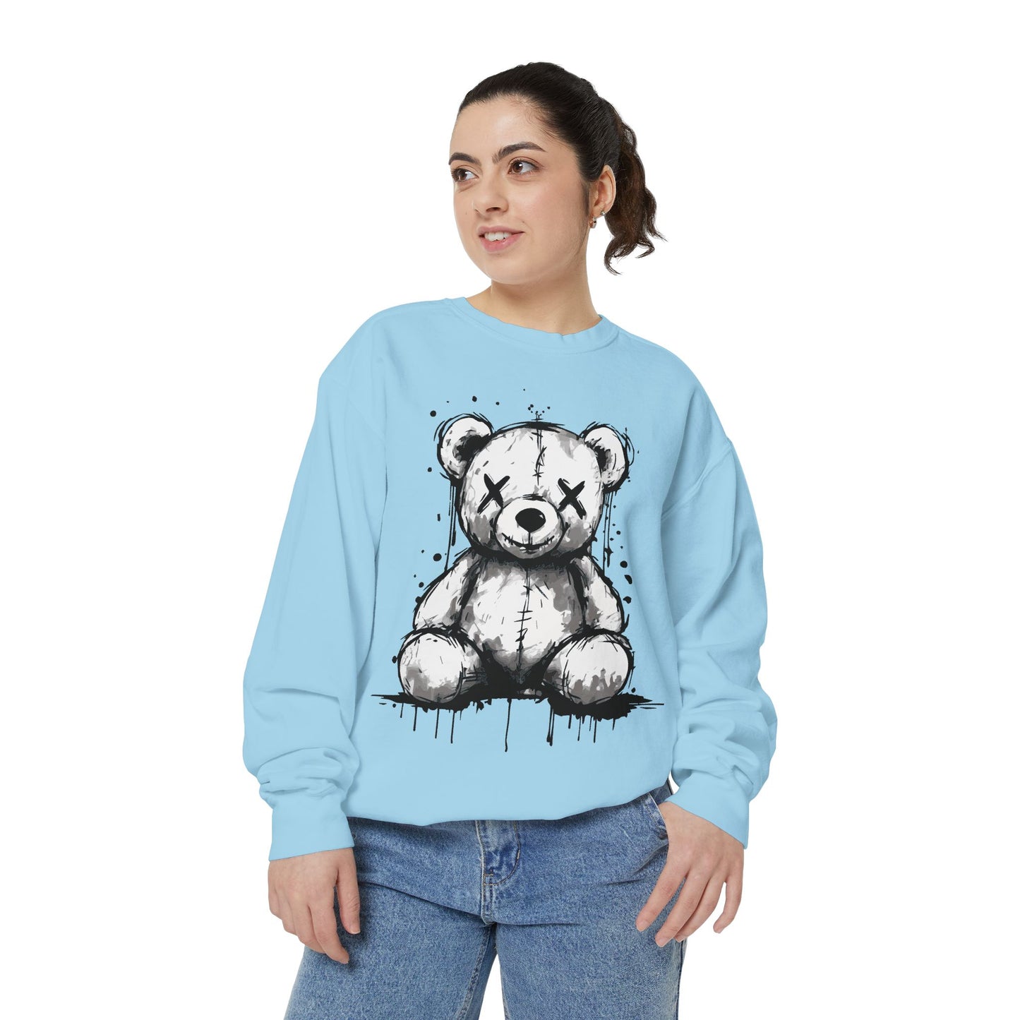 Grunge Sketch Teddy Bear Unisex Sweatshirt – Eerie Streetwear Vibes