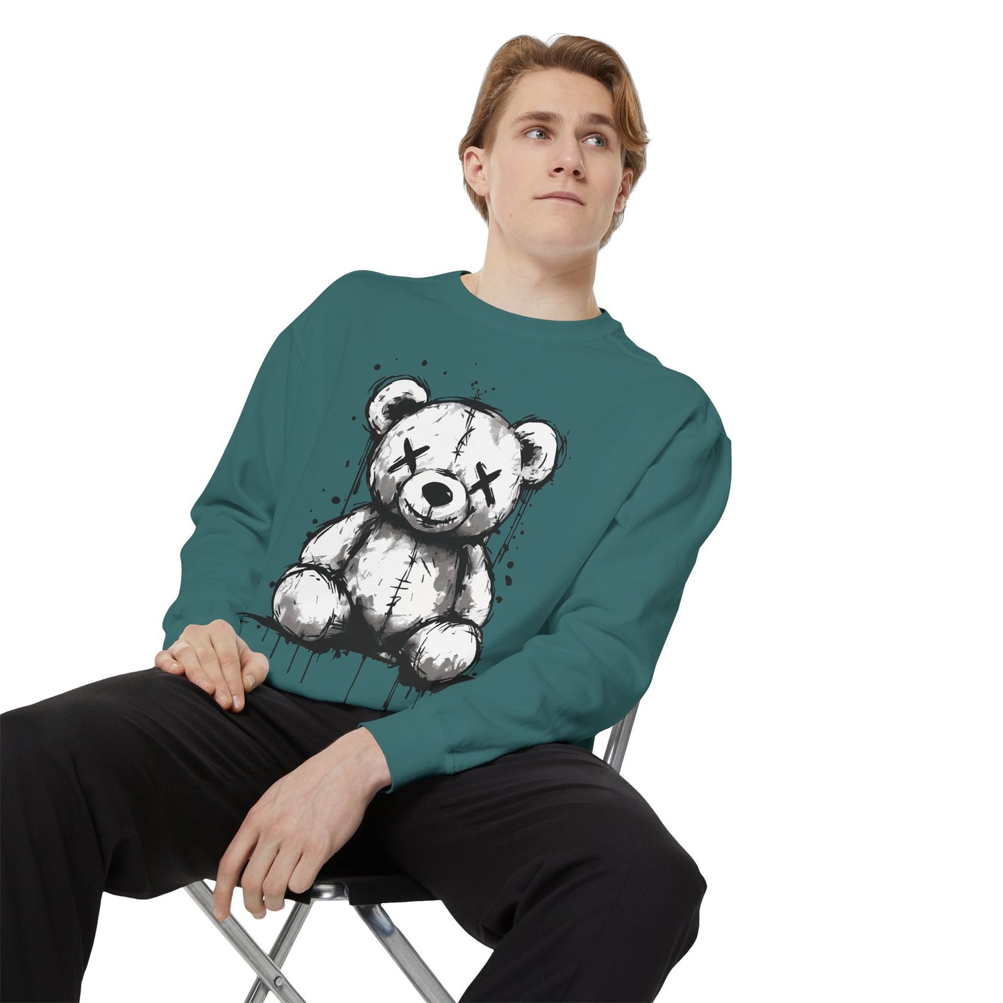 Grunge Sketch Teddy Bear Unisex Sweatshirt – Eerie Streetwear Vibes