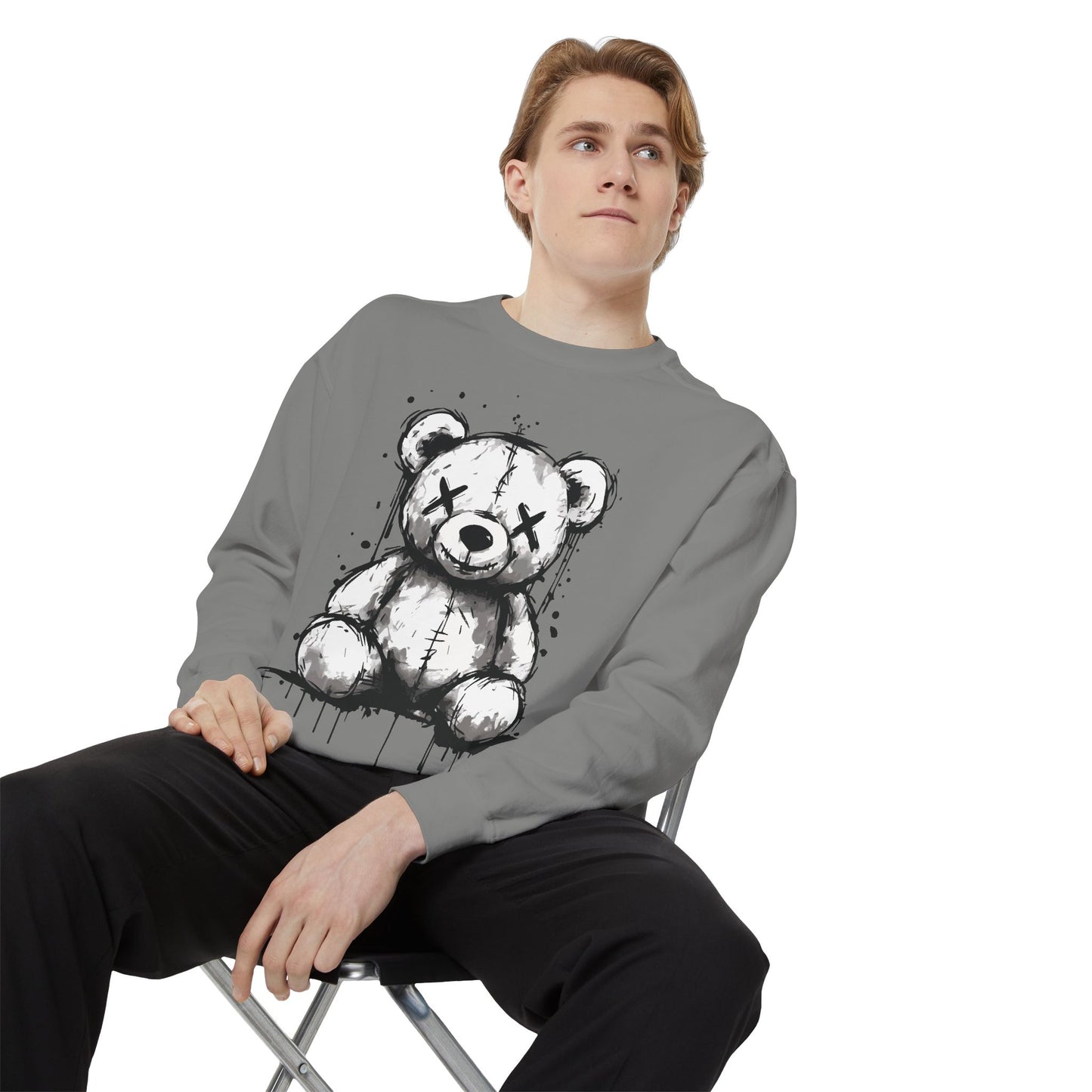 Grunge Sketch Teddy Bear Unisex Sweatshirt – Eerie Streetwear Vibes