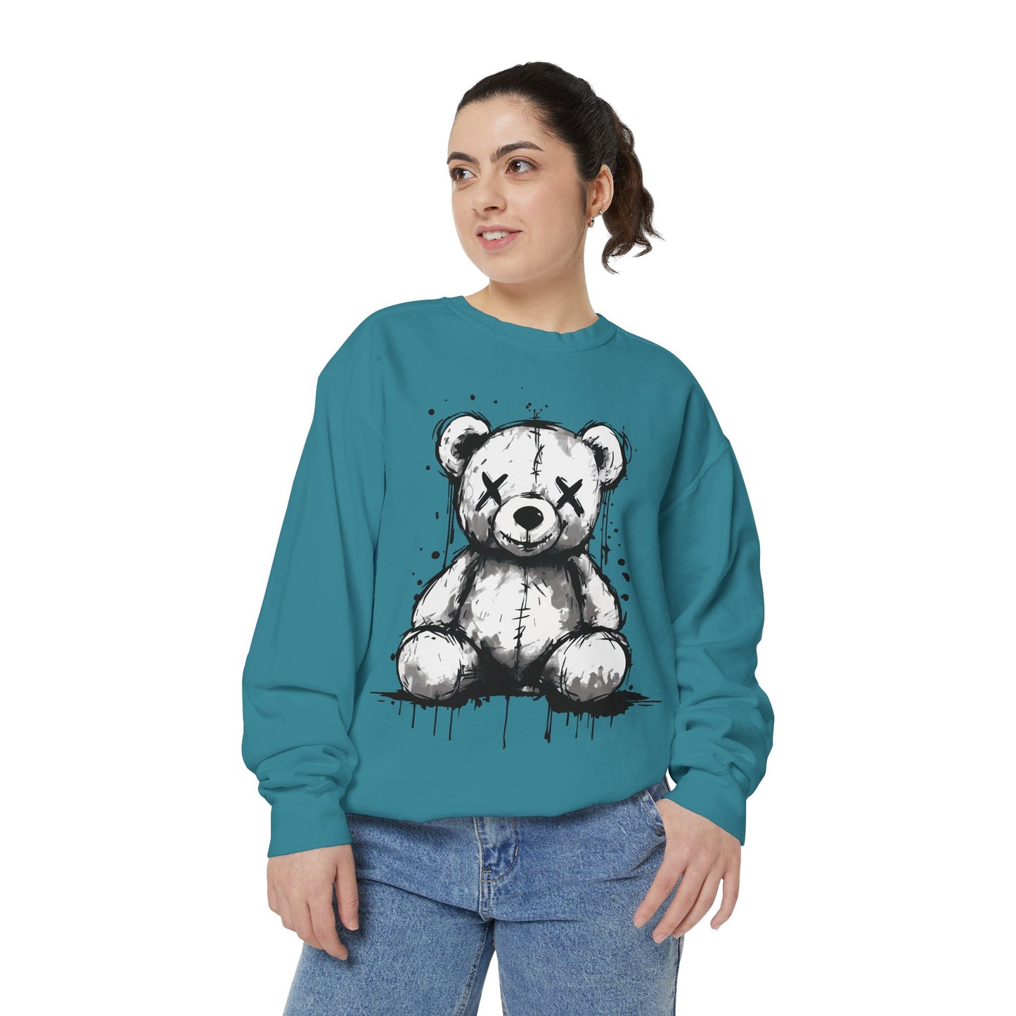 Grunge Sketch Teddy Bear Unisex Sweatshirt – Eerie Streetwear Vibes