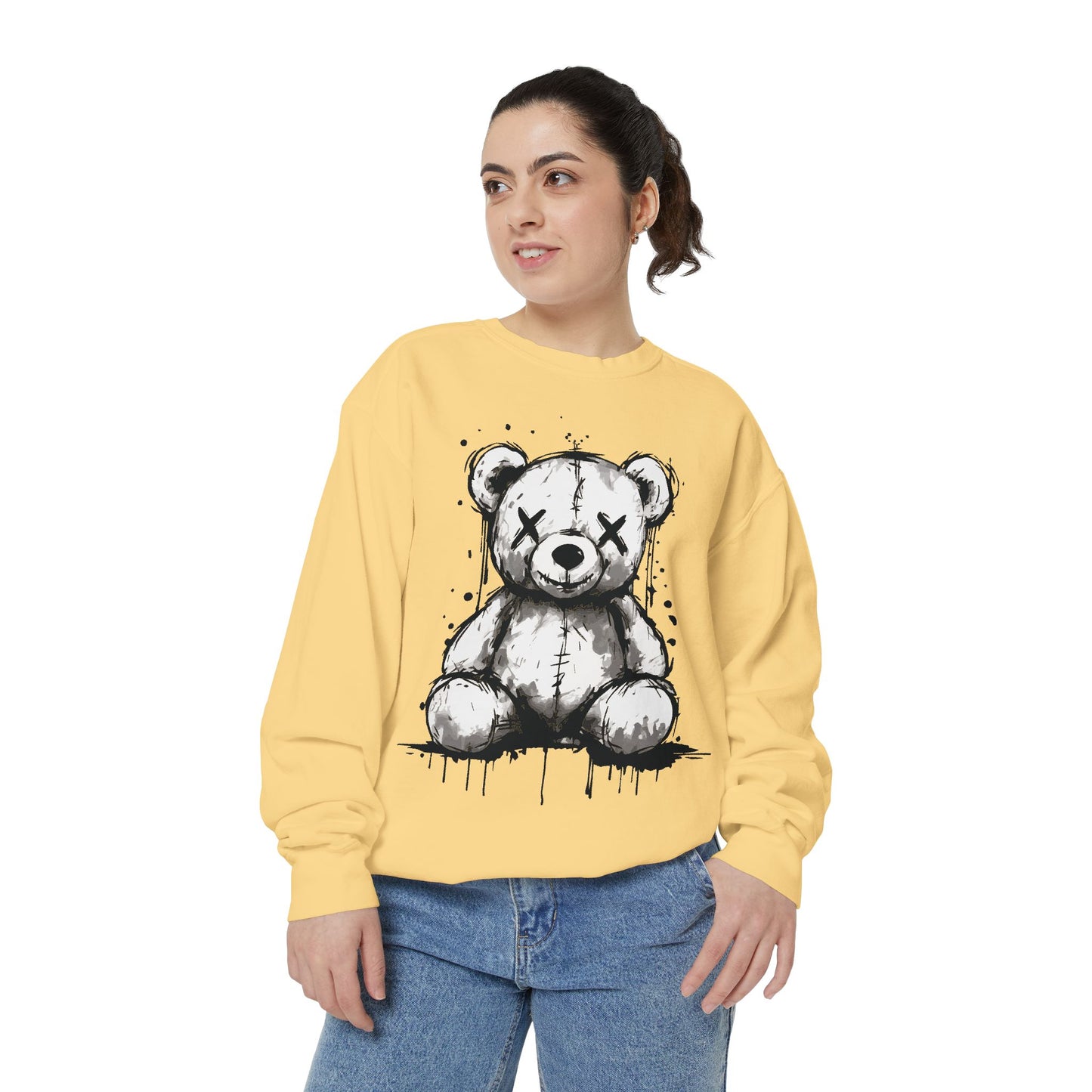 Grunge Sketch Teddy Bear Unisex Sweatshirt – Eerie Streetwear Vibes