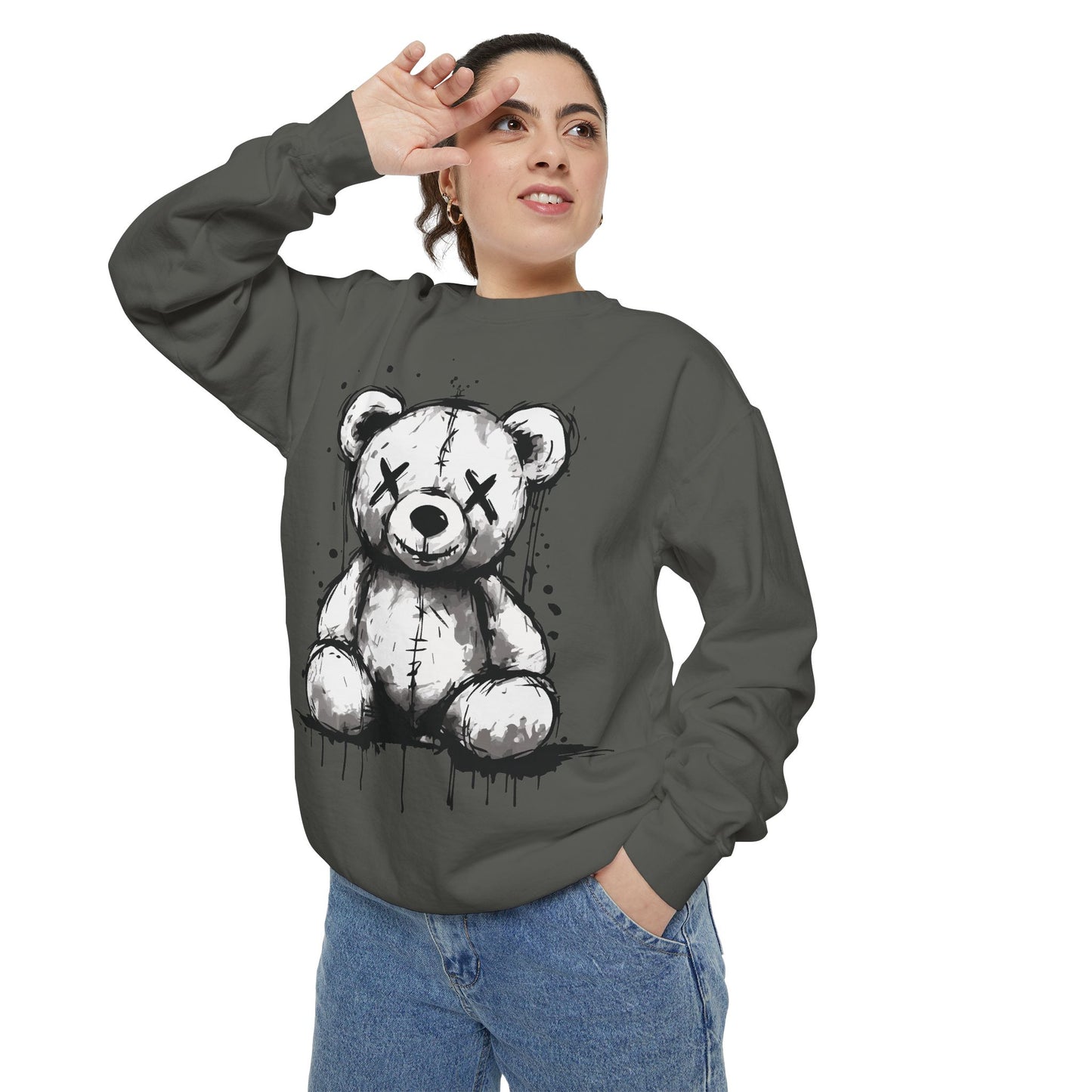 Grunge Sketch Teddy Bear Unisex Sweatshirt – Eerie Streetwear Vibes