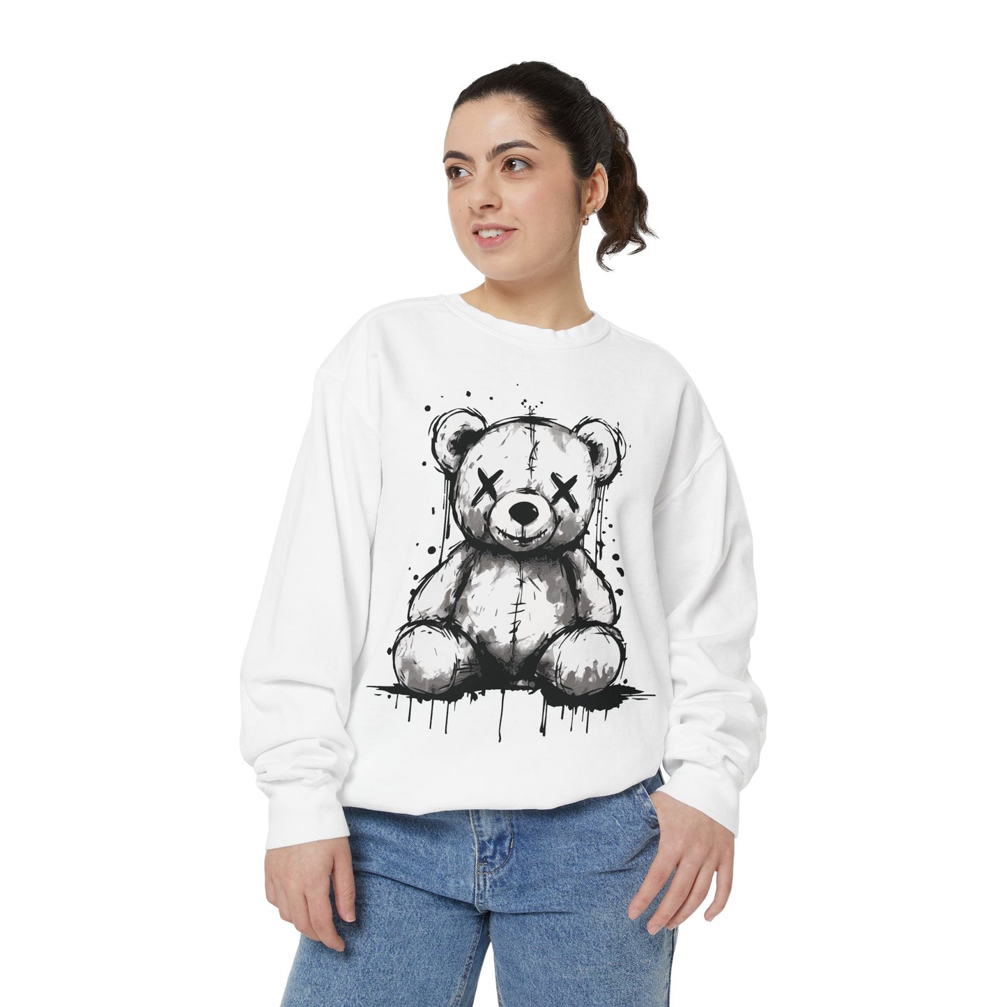 Grunge Sketch Teddy Bear Unisex Sweatshirt – Eerie Streetwear Vibes