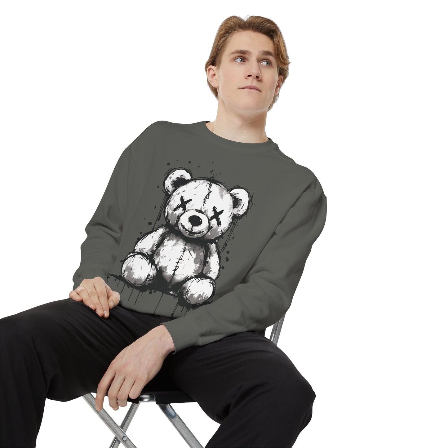 Grunge Sketch Teddy Bear Unisex Sweatshirt – Eerie Streetwear Vibes