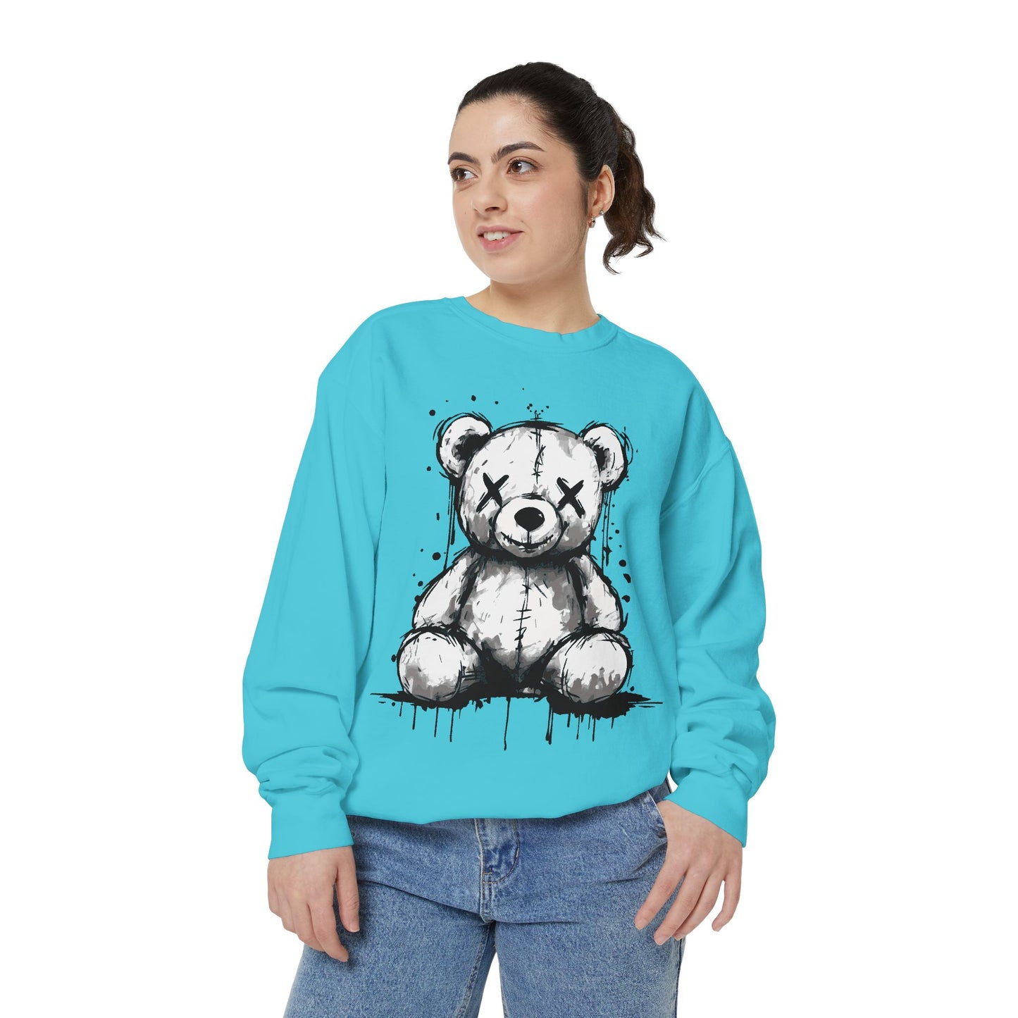 Grunge Sketch Teddy Bear Unisex Sweatshirt – Eerie Streetwear Vibes